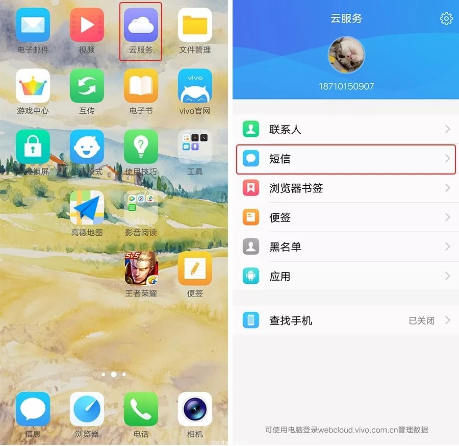 点击桌面的 〔云服务〕图标,登录vivo账号(如果你没有vivo账号,花两