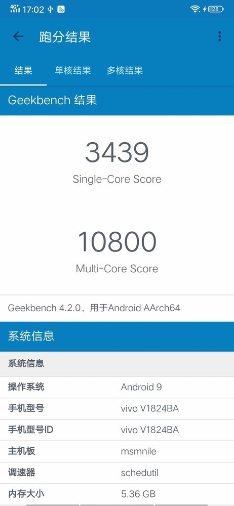 vivo iqoo手机geekbench跑分